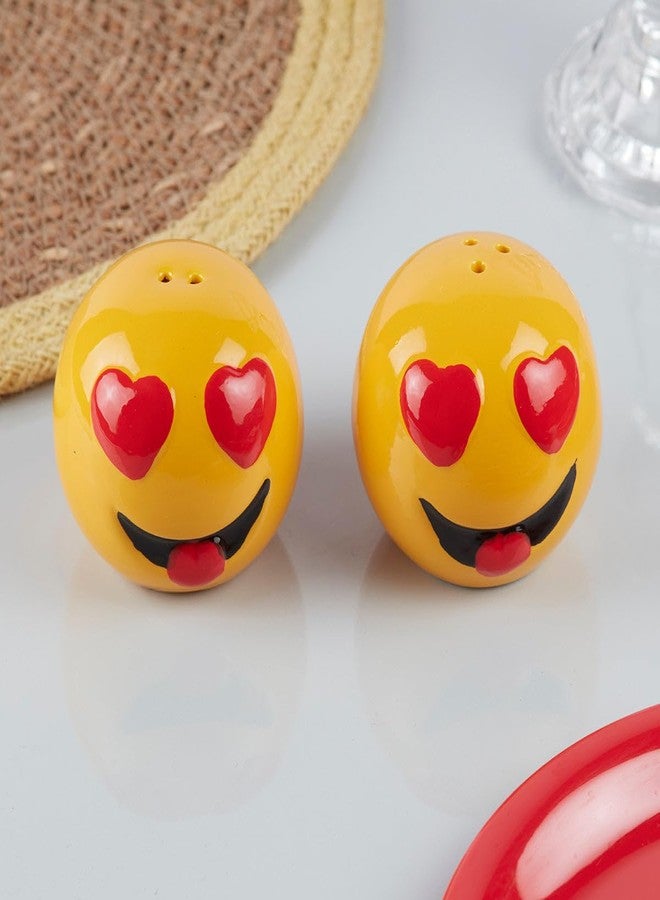 Kookee Ceramic Salt and Pepper Shakers Set with Tray - Elegant Namak Dani, Spice Sprinkler & Dispenser for Dining Table, Kitchen & Restaurant Use, Yellow, Smilie (10185) - Image 1